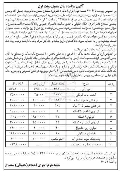 مزایده,مزایده ملک تحت پلاک 20 فرعی از 8 اصلی بخش ده سنندج