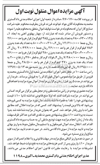 مزایده, مزایده انواع چهار پهلوی آهنی  ، فولاد گرم کار 