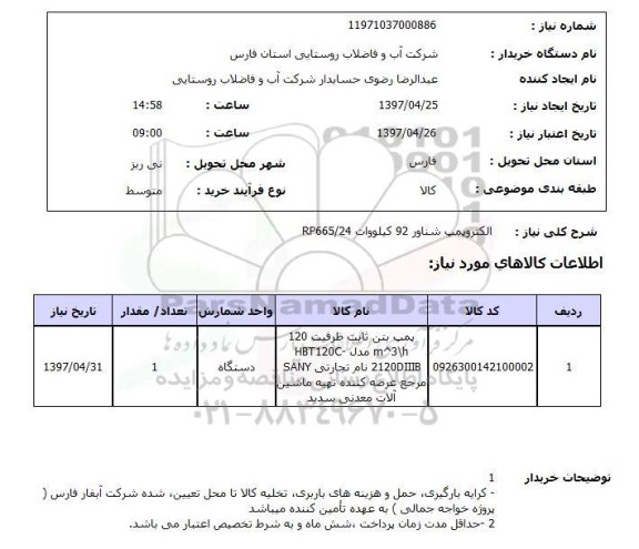 استعلام, استعلام الکتروپمپ شناور 92 کیلووات rp665/24