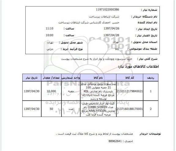 استعلام,استعلام خرید سرسوزن ونوجکت و نوار ادرار 