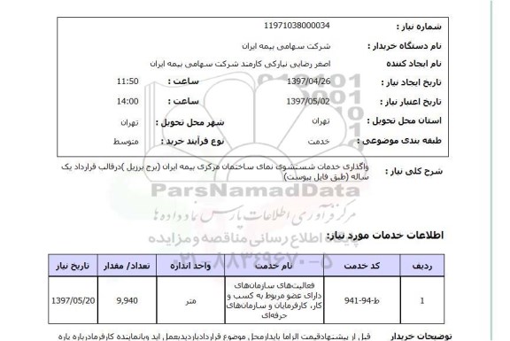 استعلام, استعلام واگذاری خدمات شستشوی نمای ساختمان مرکزی