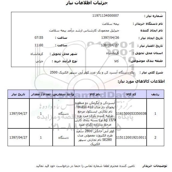 استعلام, یک دستگاه آبسردکن و یک عدد کولر آبی سپهر الکتریک
