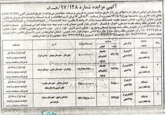 مزایده ,مزایده فروش املاک شامل 4 قطعه زمین