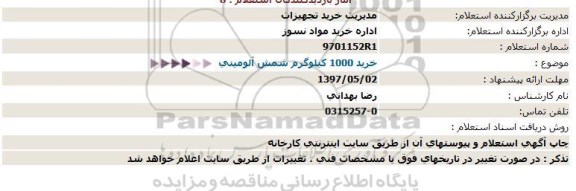 استعلام, استعلام خرید 1000 کیلوگرم شمش آلومینیومی