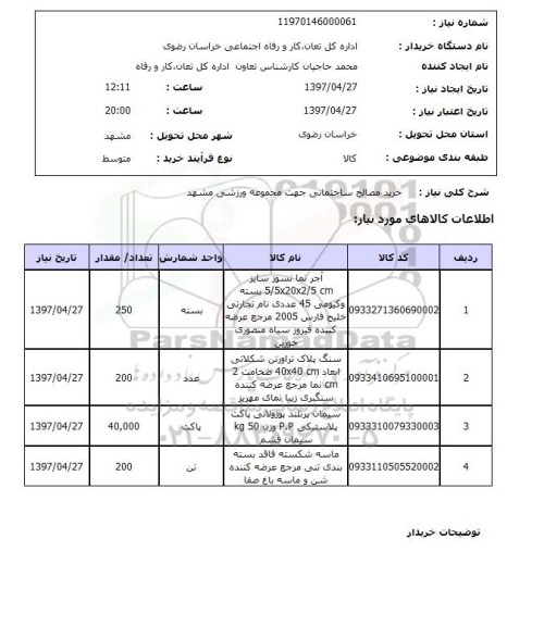 استعلام,استعلام خرید مصالح ساختمانی جهت مجموعه ورزشی