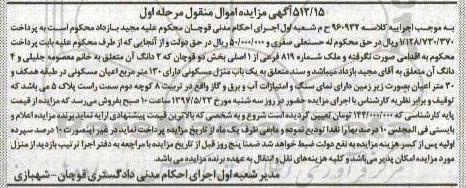مزایده,مزایده ملک بخش دو قوچان نوبت اول