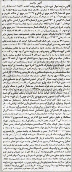 مزایده,مزایده ششدانگ آپارتمان قطعه سه تفکیکی 285.75متر