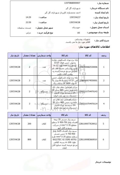 استعلام, استعلام  تجهیزات روشنایی اقلام موردنیاز ...