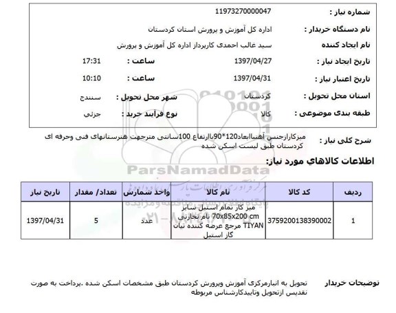 استعلام , استعلام میز کار از جنس آهن 