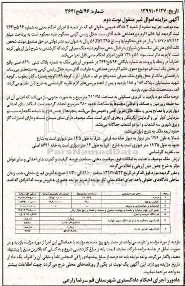 مزایده,مزایده ملک مساحت 211.75متر نوبت دوم