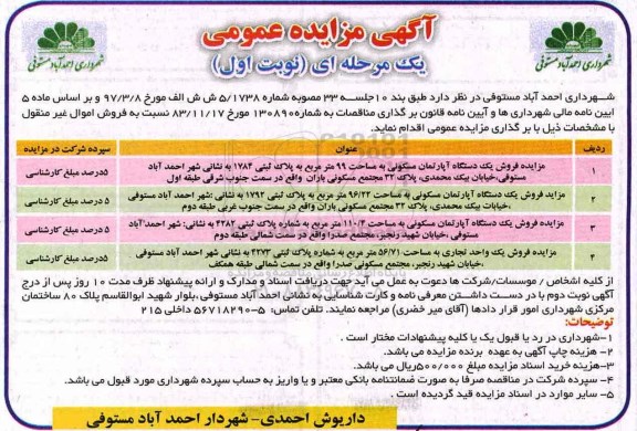 مزایده,مزایده فروش سه دستگاه آپارتمان مسکونی و یک واحد تجاری