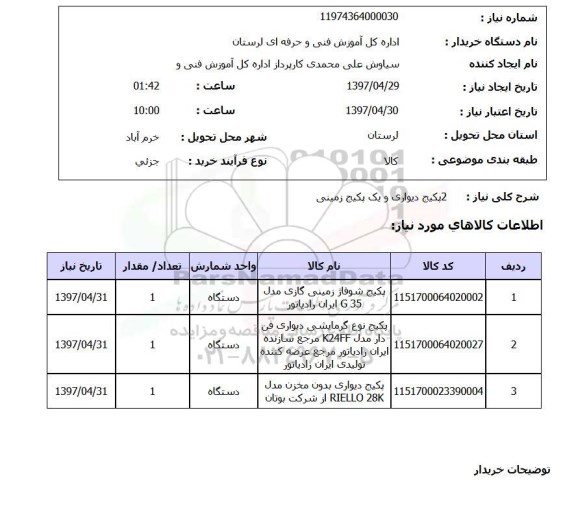 استعلام, استعلام پکیج دیواری و زمینی ...