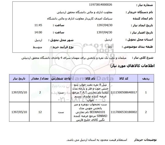 استعلام, مبلمان و تخت تک نفره و پاتختی 