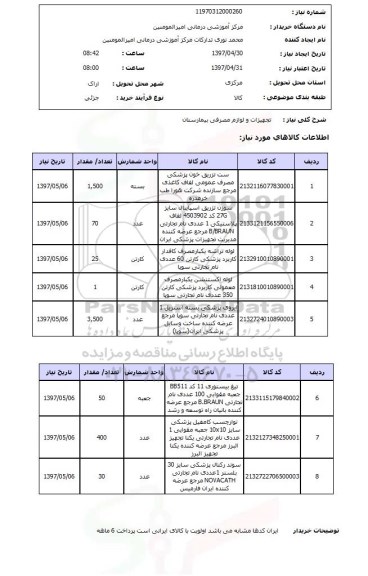 استعلام, تجهیزات و لوازم مصرفی بیمارستان
