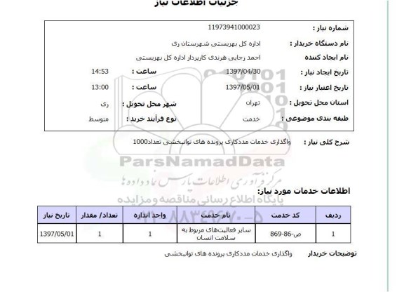 استعلام, استعلام واگذاری خدمات مددکاری 