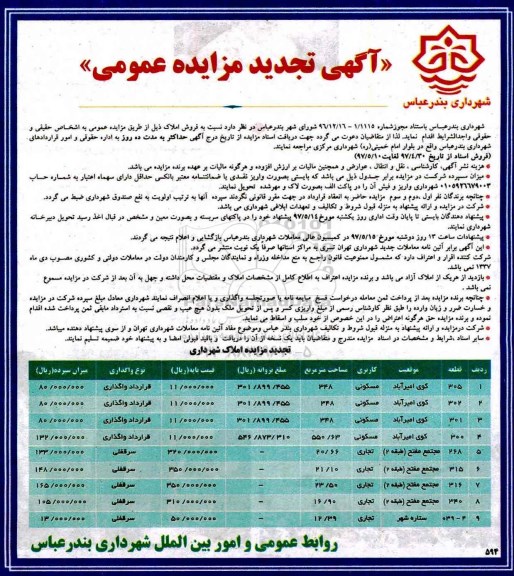 مزایده,مزایده فروش املاک کاربری مسکونی تجاری تجدید
