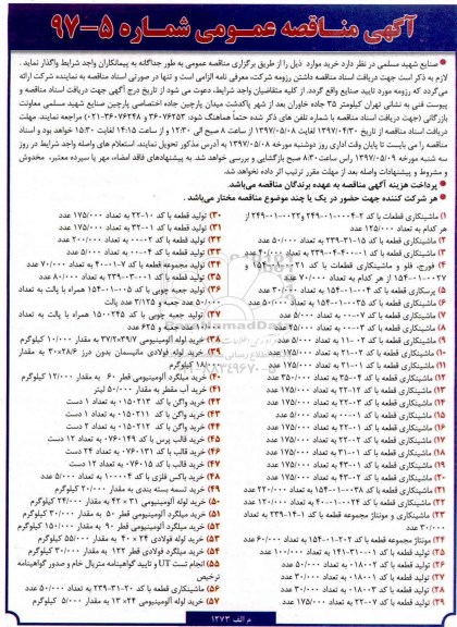 آگهی مناقصه عمومی, مناقصه ماشینکاری قطعات و ...