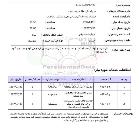 استعلام, استعلام بازسازی و بهسازی ساختمان و تاسیسات مرکز پشتیبانی فنی