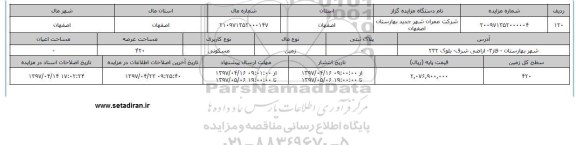 مزایده زمین مسکونی مساحت عرصه 420متر شهر بهارستان
