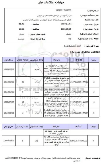 استعلام, استعلام لوازم آزمایشگاهی