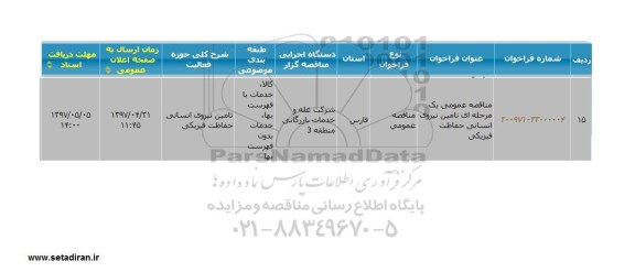 فراخوان مناقصه ، فراخوان مناقصه تامین نیروی انسانی حفاظت فیزیکی 