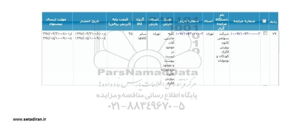 مزایده , مزایده فروش کلیه ماشین آلات موجود