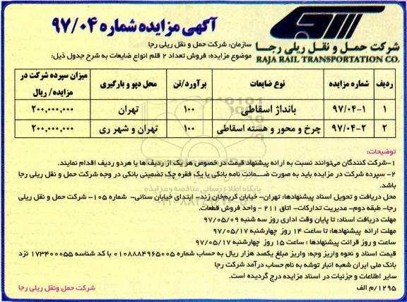 مزایده عمومی, مزایده فروش تعداد 2 قلم انواع ضایعات