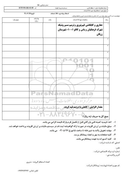 استعلام ، استعلام حفاری ، کابلکشی و ترمیم مسیر فیبر نوری
