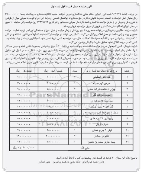 آگهی مزایده اموال غیر منقول,مزایده انواع ادوات دنباله بند کشاورزی