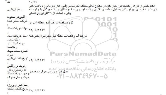 مناقصه , مناقصه انجام بخشی از کارها و خدمات مورد نیاز خود در سطوح شغلی مختلف