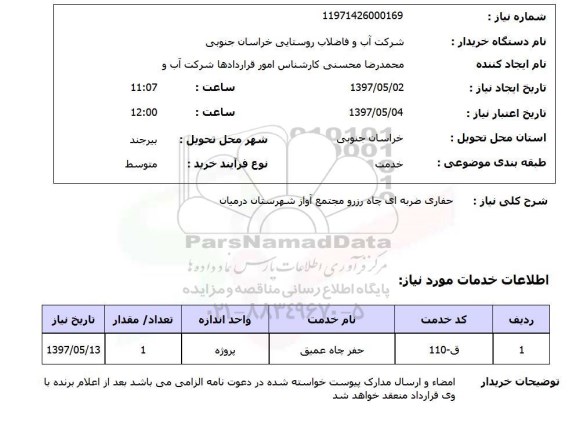 استعلام,استعلام حفاری ضربه ای چاه رزرو 