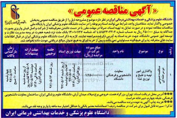 مناقصه واگذاری امور تهیه، طبخ و توزیع غذا...