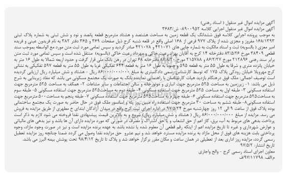 مزایده,مزایده ششدانگ زمین مساحت هشتصد و هشتاد متر
