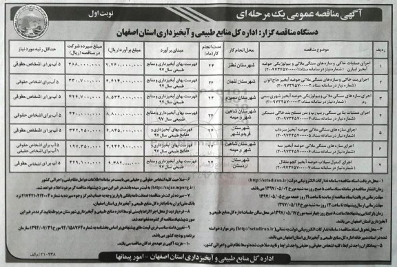 مناقصه عمومی, مناقصه اجرای عملیات خاکی و سازه های سنگی ملاتی و بیولوژیکی حوضه آبخیز...