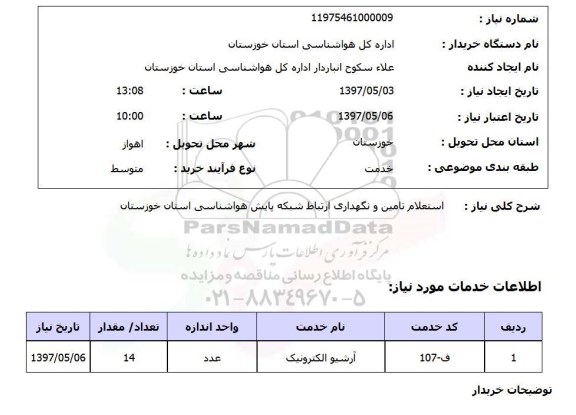 استعلام,استعلام تامین و نگهداری ارتباط شبکه پایش هواشناسی 