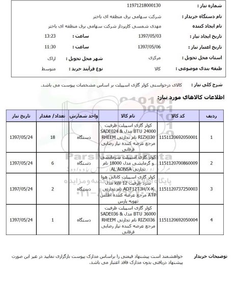 استعلام,استعلام کالای درخواستی کولر گازی اسپیلت...