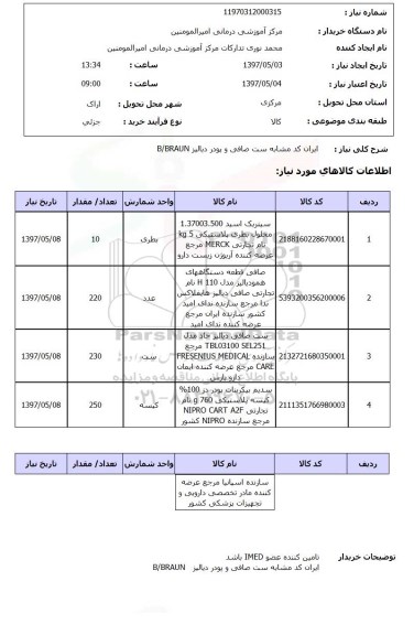 استعلام , استعلام ست صافی و پودر دیالیز 