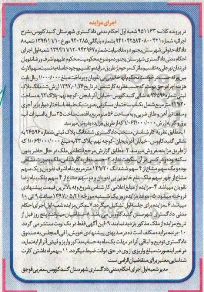 مزایده,مزایده ششدانگ پلاک ثبتی مساحت 129.20متر