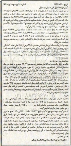 مزایده,مزایده آپارتمان قطعه 4 تفکیکی مساحت 240.43متر
