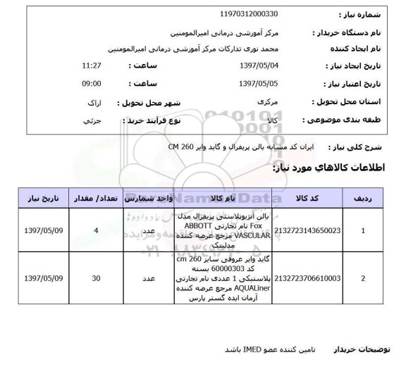 استعلام, استعلام بالن آنژیوپلاستی و گاید وایر عروقی