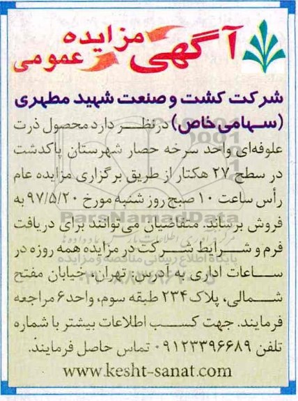مزایده عمومی,مزایده عمومی محصول ذرت علوفه ای