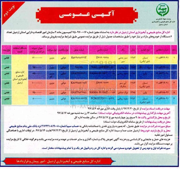 مزایده عمومی, مزایده تعداد 6 دستگاه خودروهای مازاد (نوبت دوم)