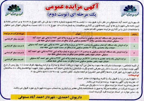مزایده,مزایده فروش سه دستگاه آپارتمان مسکونی و یک واحد تجاری نوبت دوم