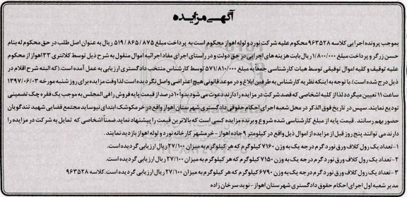 مزایده, مزایده تعداد یک رول کلاف و...