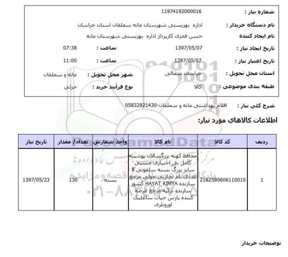 استعلام, استعلام اقلام بهداشتی