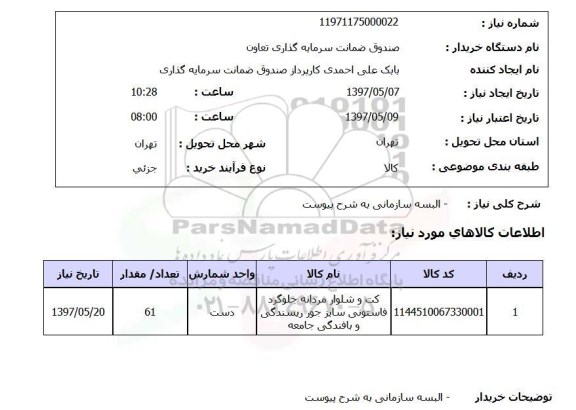 استعلام, استعلام کت و شلوار مردانه