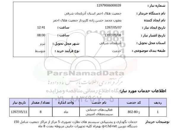 استعلام, استعلام خدمات نگهداری و پشتیبانی سیستم های نظارت تصویری
