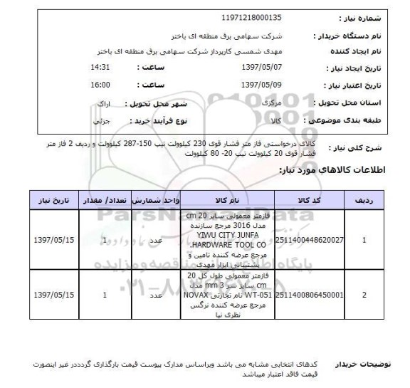 استعلام, استعلام  کالای درخواستی فاز متر فشار قوی 230 کیولولت ...