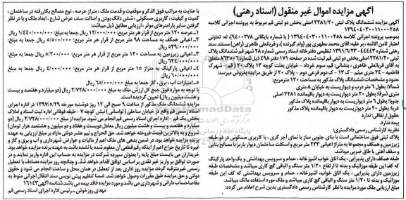 مزایده,مزایده ششدانگ پلاک ثبتی مساحت صد و بیست متر