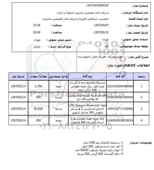 استعلام, قند، دستمال کاغذی و ..